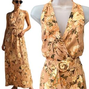 MNG Linen Floral Halter Maxi Dress Belted Cottagecore Wedding Guest Size 10
